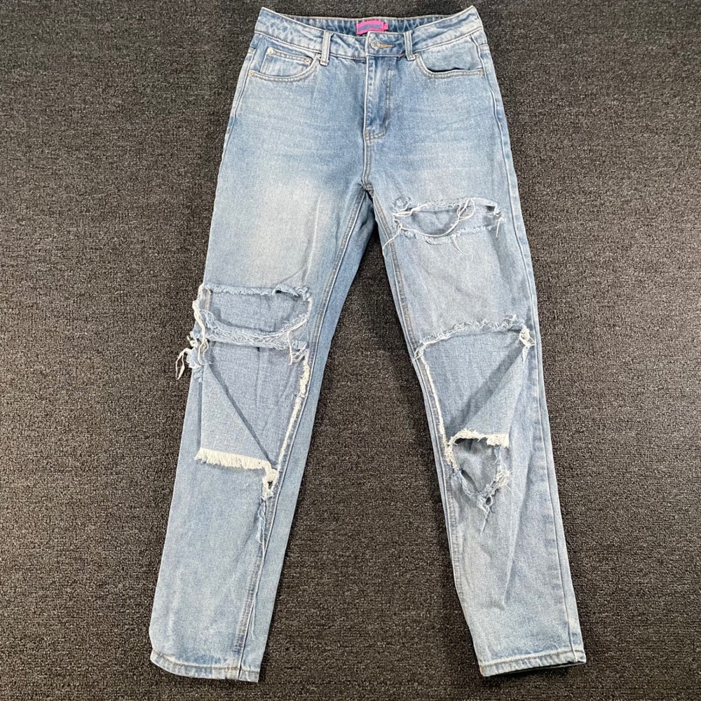 Edikted Distressed Jeans Womens M Light Blue Good Ripped Straight Leg High Rise